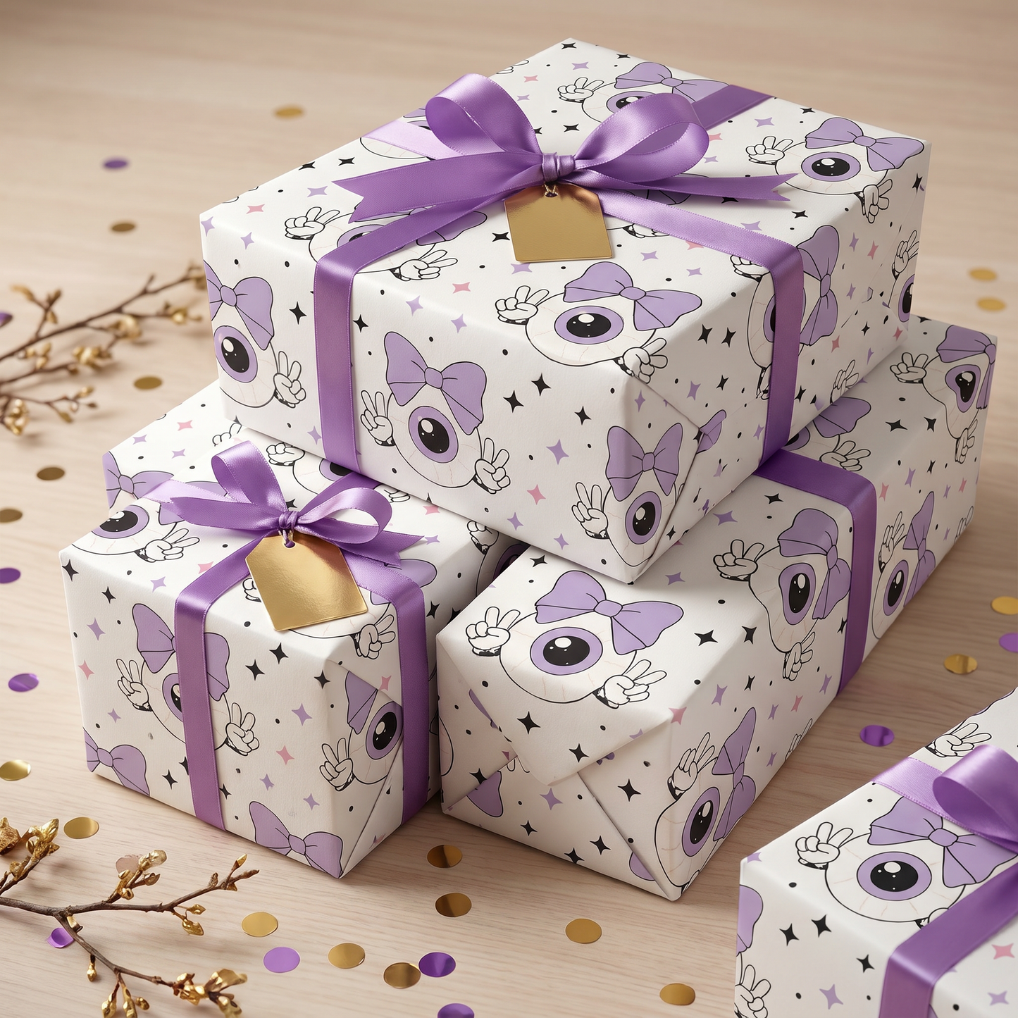 Seamless pattern featuring a cute cartoon eyeball with a pastel purple bow making peace signs, surrounded by stars on a white background. Pastel goth aesthetic.