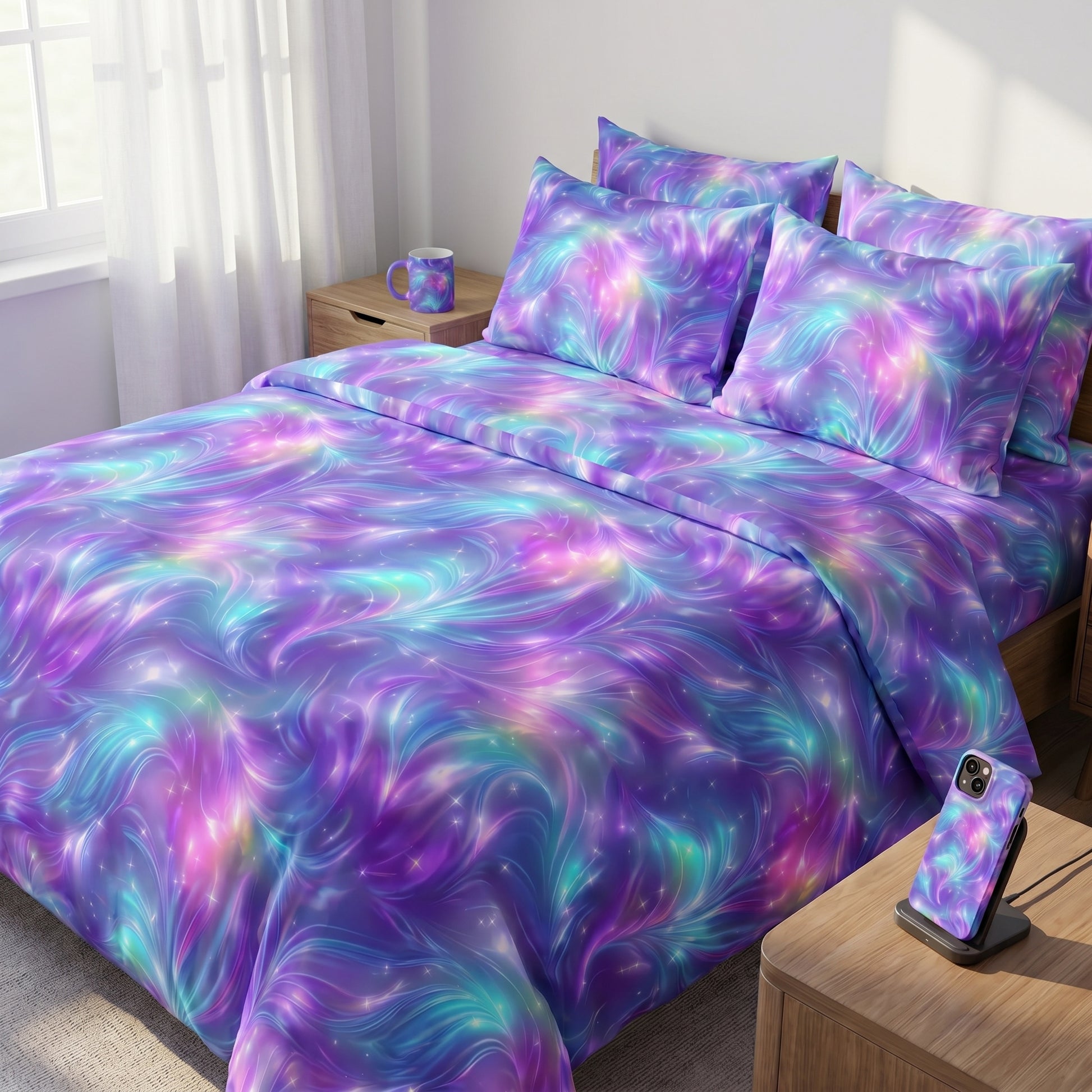 Mockup of a cozy bedroom with a duvet cover and pillows showcasing a vibrant ethereal glowing aura pattern.