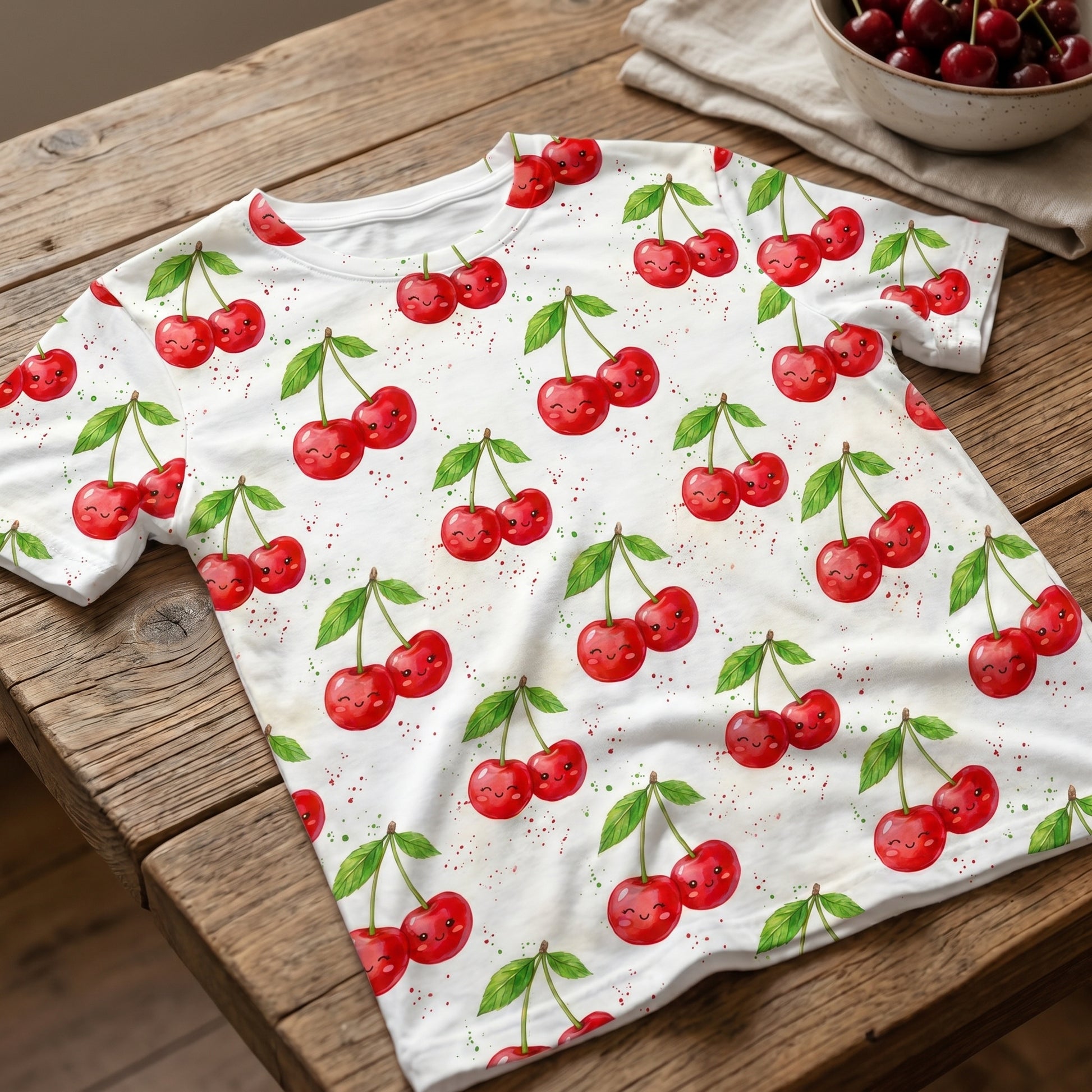 Mockup of a folded t-shirt on a rustic wooden table featuring an adorable red cherry watercolor pattern.