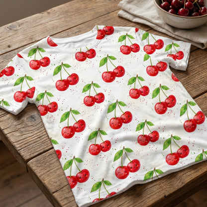 Mockup of a folded t-shirt on a rustic wooden table featuring an adorable red cherry watercolor pattern.