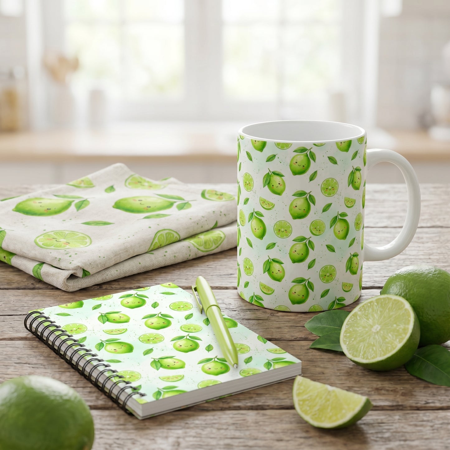 Desk setup mockup with a mug, napkins, and notebook featuring a cute watercolor green citrus pattern.