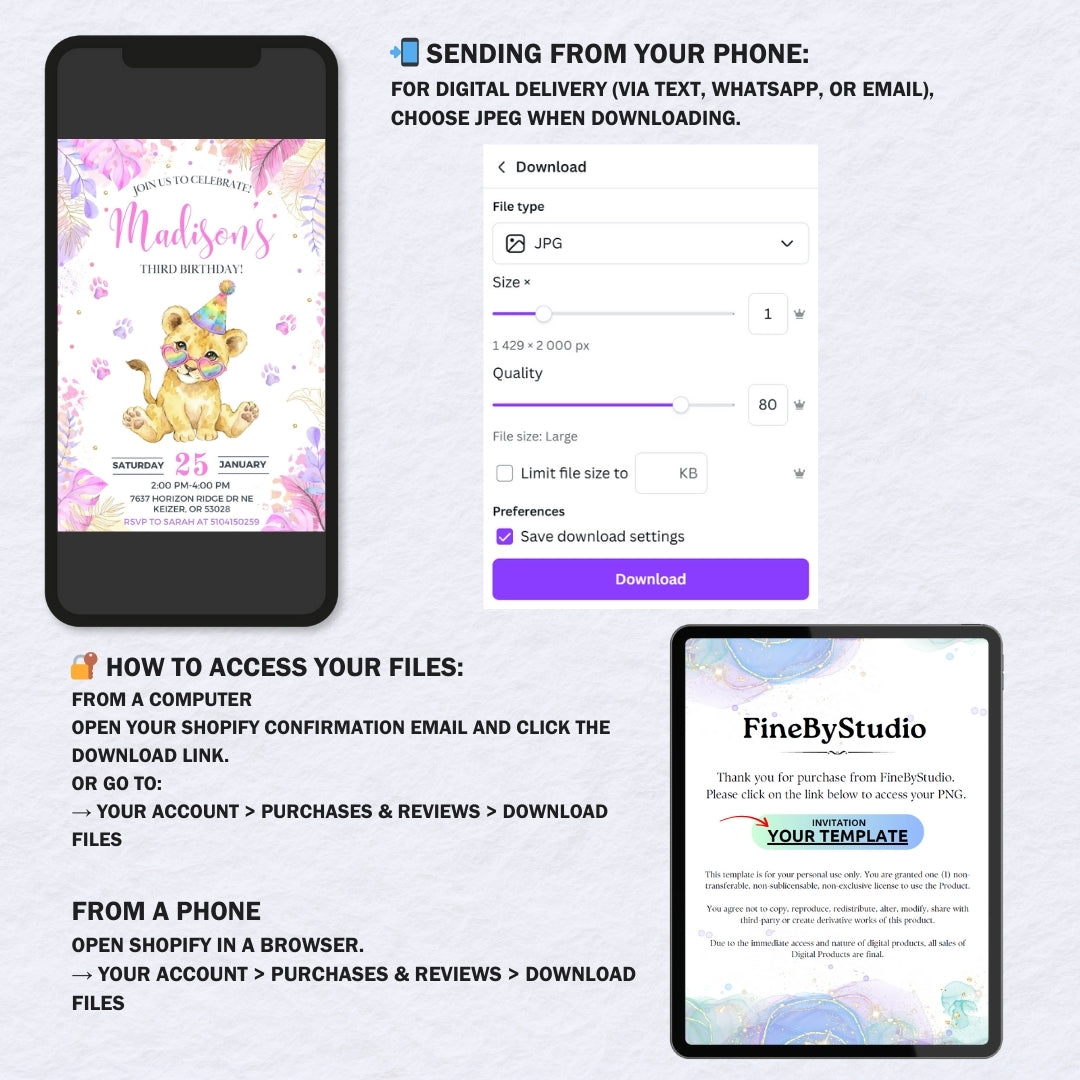 Girl Lion 3rd Birthday Invitation, Rainbow Safari Party, Editable Sitting Lion Cub with Heart Glasses Canva Invite