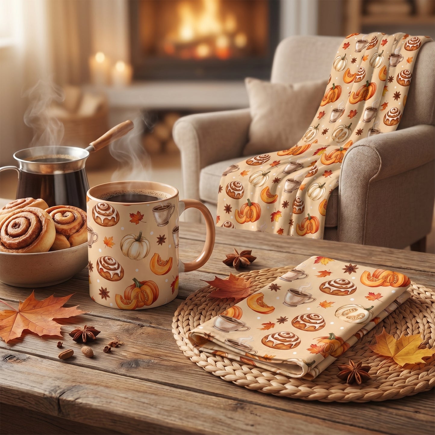 Cozy fall cafe seamless pattern design featuring pumpkin spice latte cups, cinnamon rolls, and autumn leaves on a warm light background.