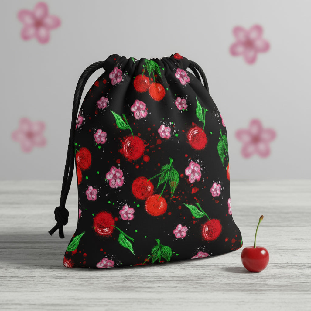 "Mockup of a black fabric drawstring pouch featuring a vibrant cherry and floral print on a wooden table."