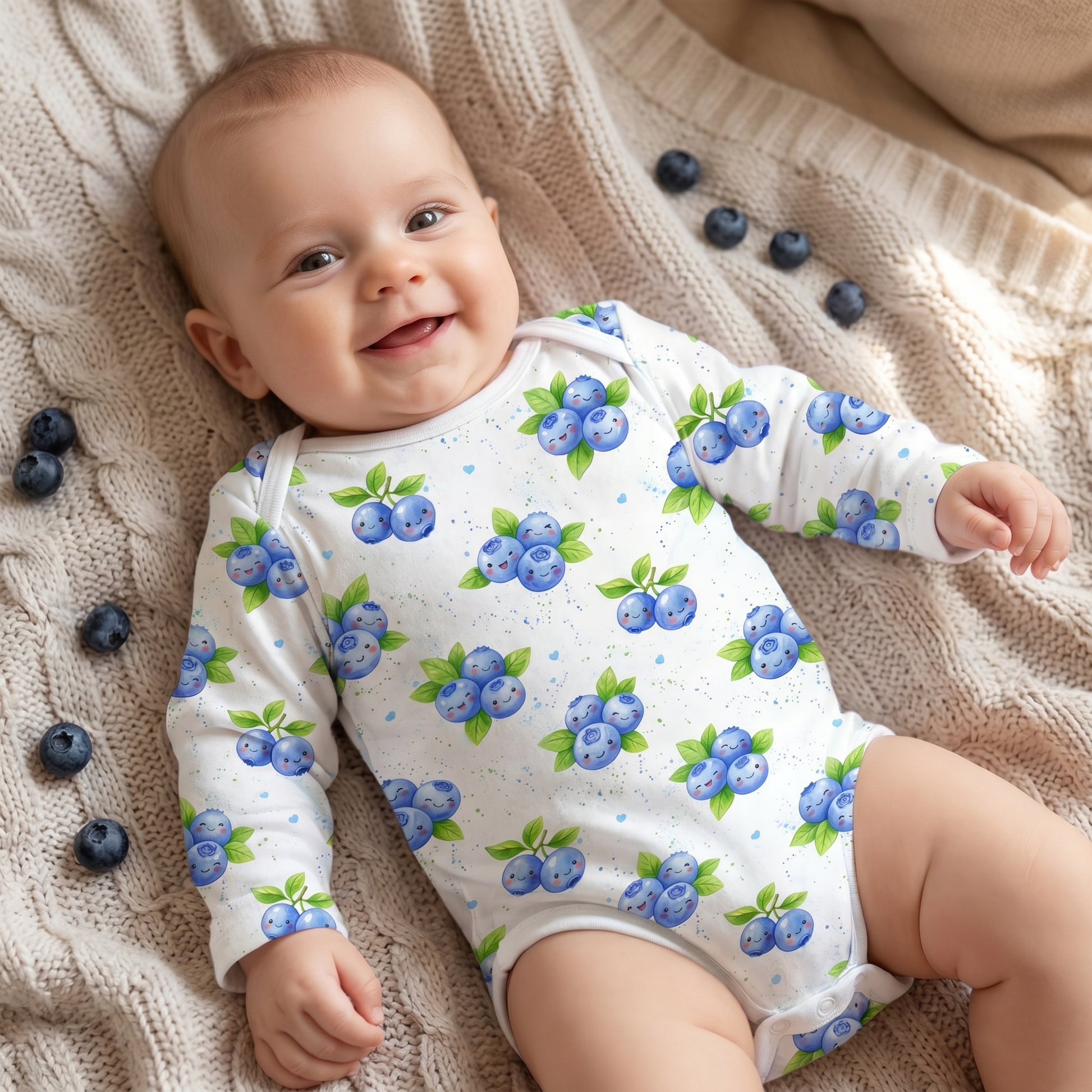 Smiling baby wearing a cute long-sleeve onesie printed with a kawaii blueberry seamless pattern.