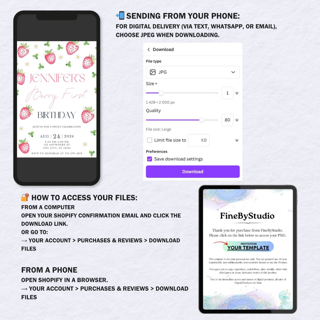 Berry First Birthday Invitation Template | Strawberry 1st Birthday Girl | Editable Canva Digital Invite