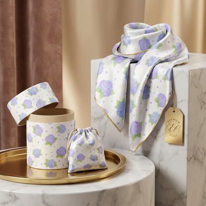 Silk scarf showcasing delicate pastel hydrangea watercolor print