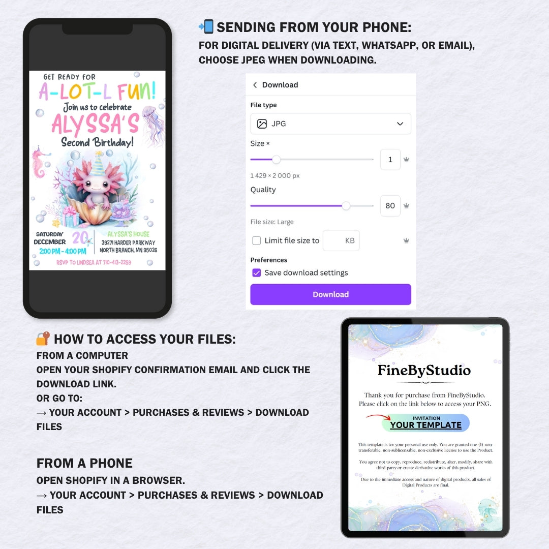 Cute Axolotl Birthday Invitation Template | Editable Canva Invite | "A-LOT-L FUN" Party Theme | Digital Download