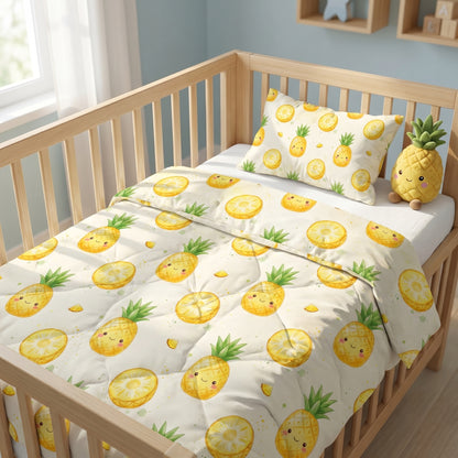 Baby crib featuring bedsheets and pillows printed with a cute watercolor pineapple pattern.