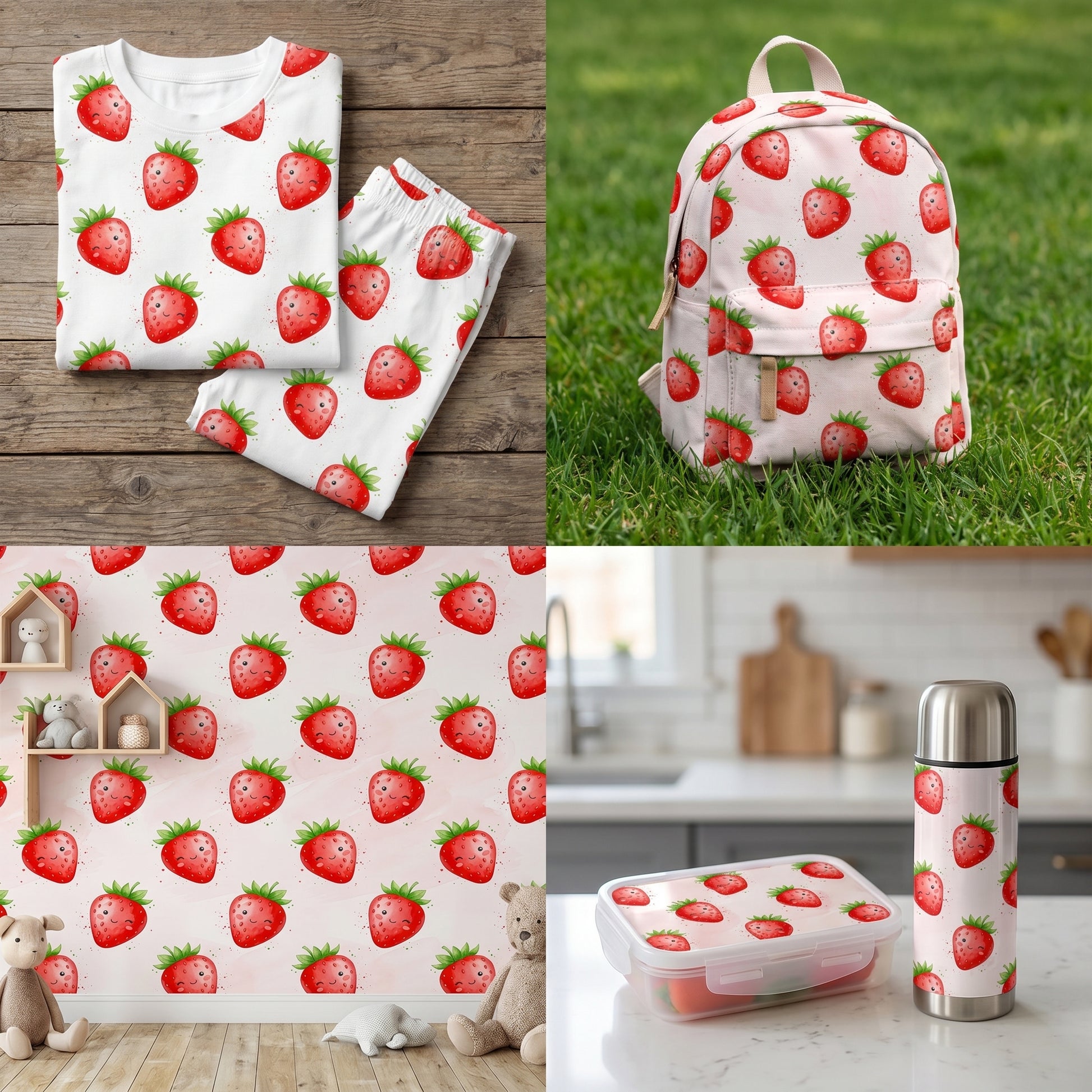 Mockup of a backpack, notebooks, and accessories featuring a sweet kawaii strawberry seamless pattern.