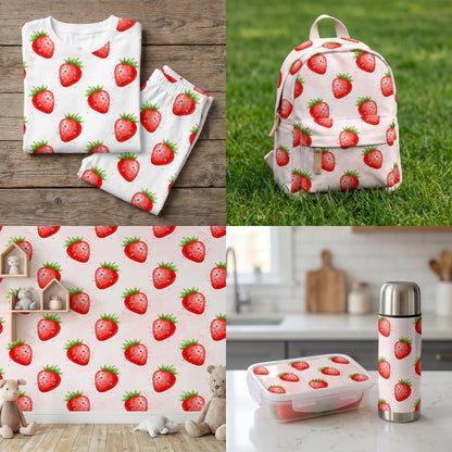 Mockup of a backpack, notebooks, and accessories featuring a sweet kawaii strawberry seamless pattern.