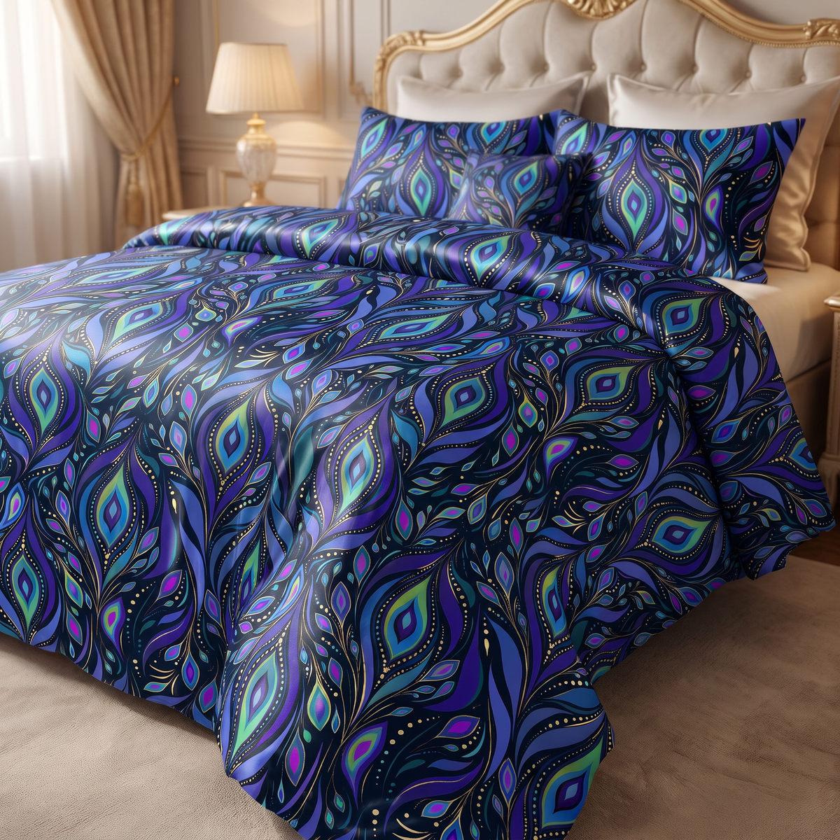 Blue paisley ornamental pattern on luxury bedding