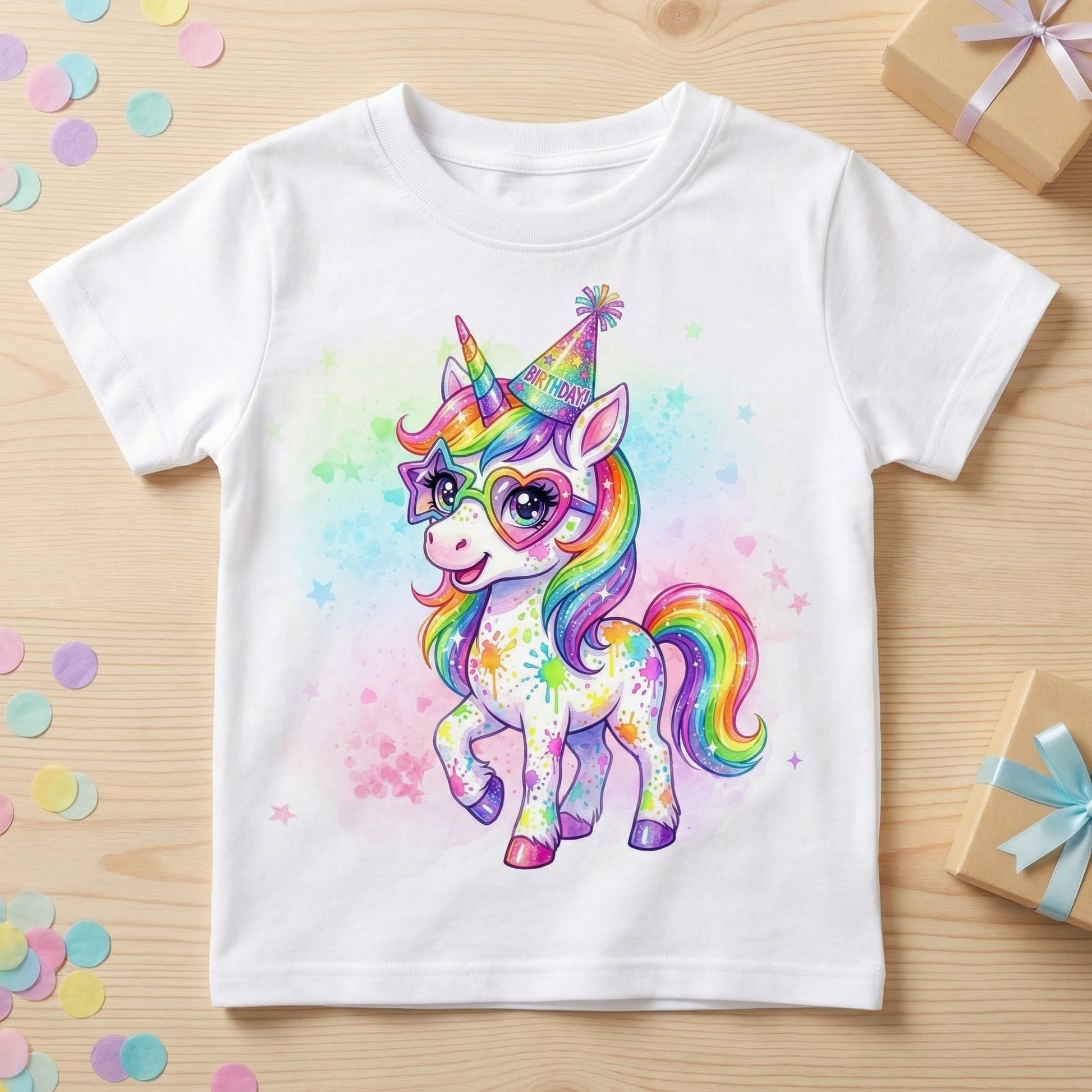 Cute rainbow birthday unicorn with party hat printed on a white kids t-shirt
