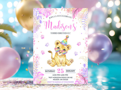 High-quality mockup showing a girl's lion 3rd birthday invitation by a pool with pink and gold balloons, featuring a watercolor lion cub with rainbow heart glasses.