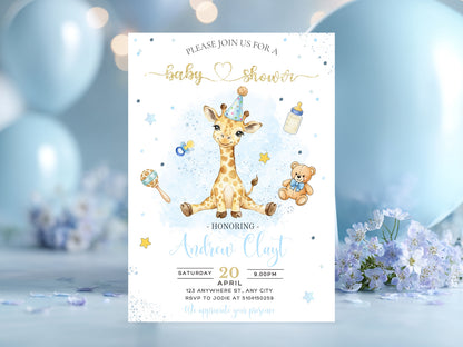Mockup of a blue watercolor baby shower invitation featuring a cute sitting giraffe and gold glitter text on a table with blue flowers.