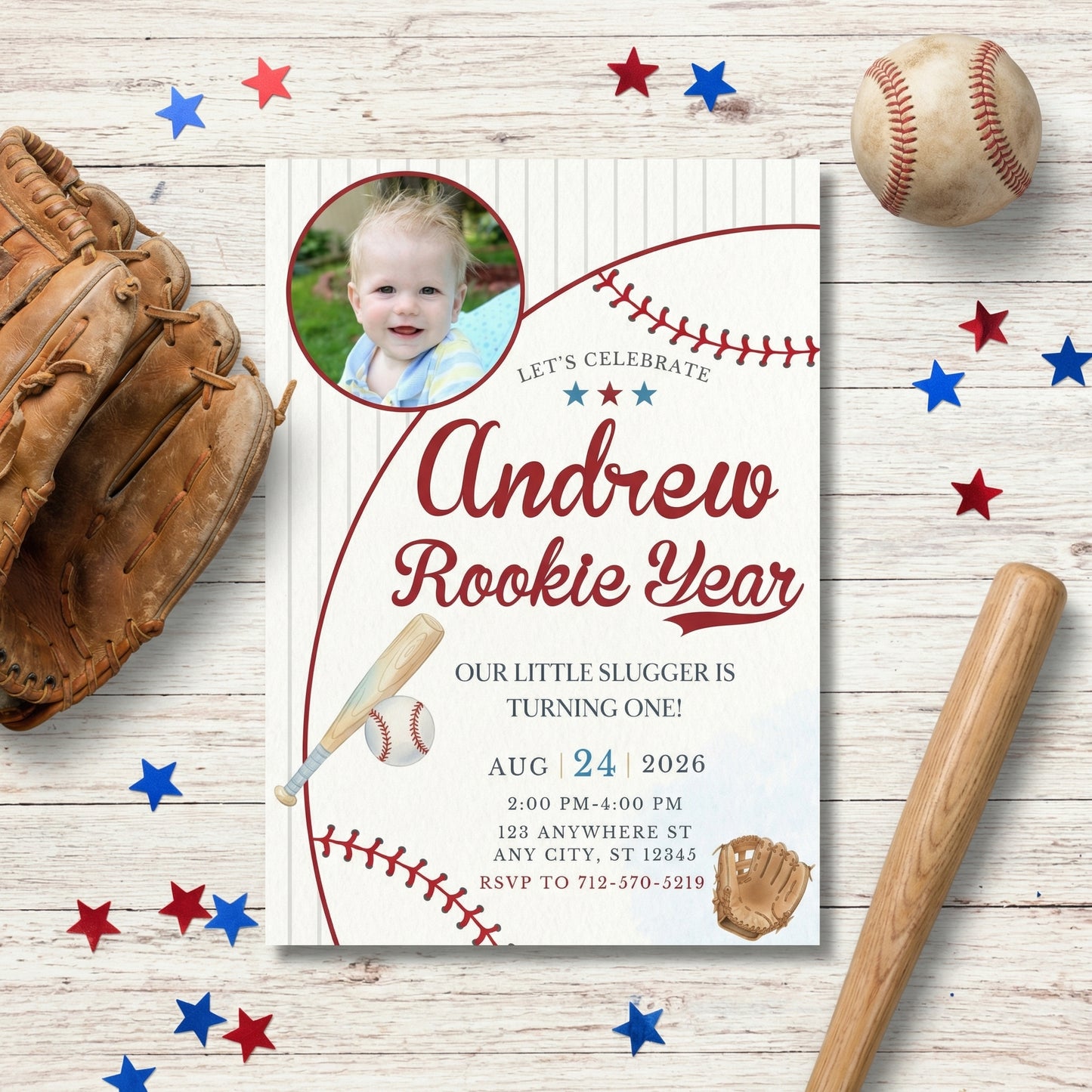 Rookie year baseball 1st birthday invitation template with boy photo and watercolor baseball bat and glove
