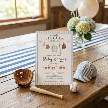 Little Slugger Baseball Baby Shower Invitation, Editable Canva Template, Boy Baby Shower Invite