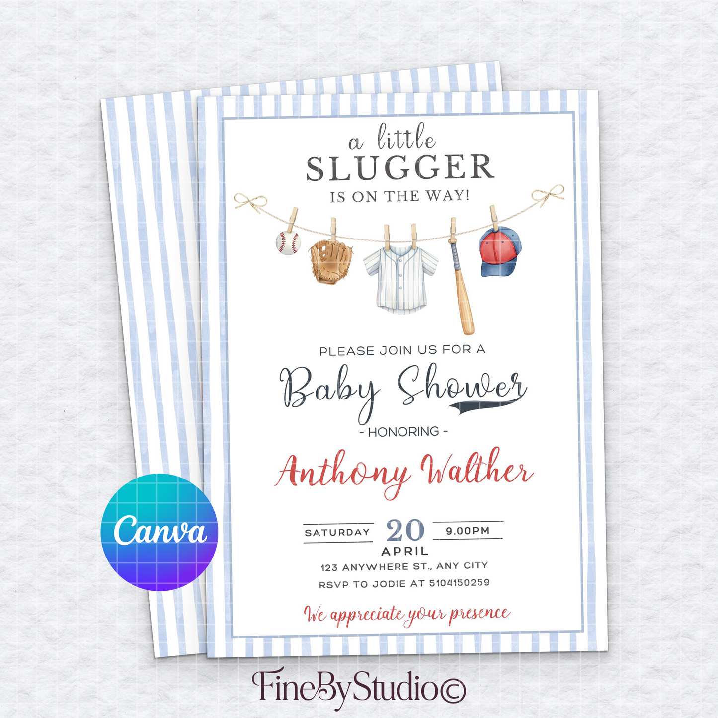 Editable baseball baby shower invitation template with watercolor clothesline design and blue stripes, Canva template by FineByStudio.