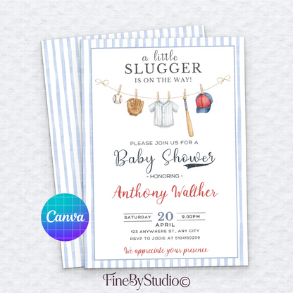 Editable baseball baby shower invitation template with watercolor clothesline design and blue stripes, Canva template by FineByStudio.