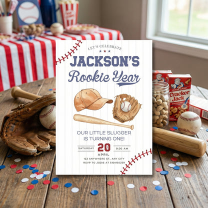 Rookie of the Year Baseball 1st Birthday Invitation, Little Slugger Editable Canva Template, Boy Birthday Invite