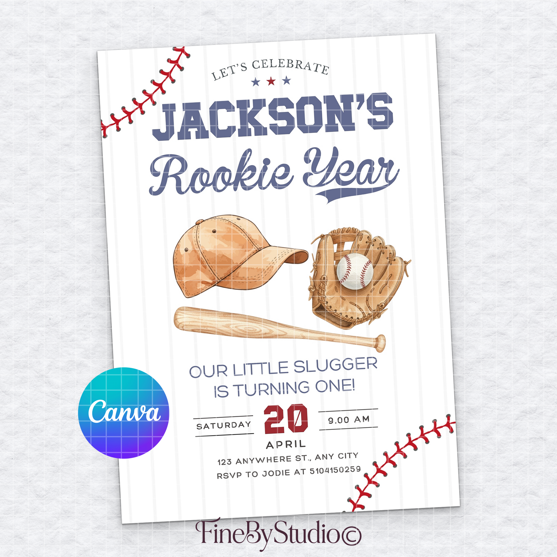 Vintage Rookie of the Year baseball 1st birthday invitation template with watercolor bat, glove, and cap. Editable in Canva by FineByStudio.