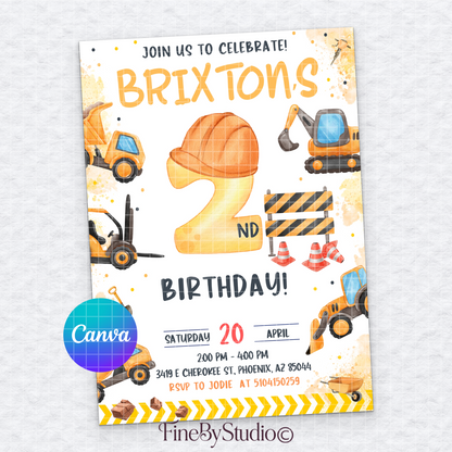 Construction themed 2nd birthday invitation template featuring a dump truck, excavator, and hard hat. Editable digital download.