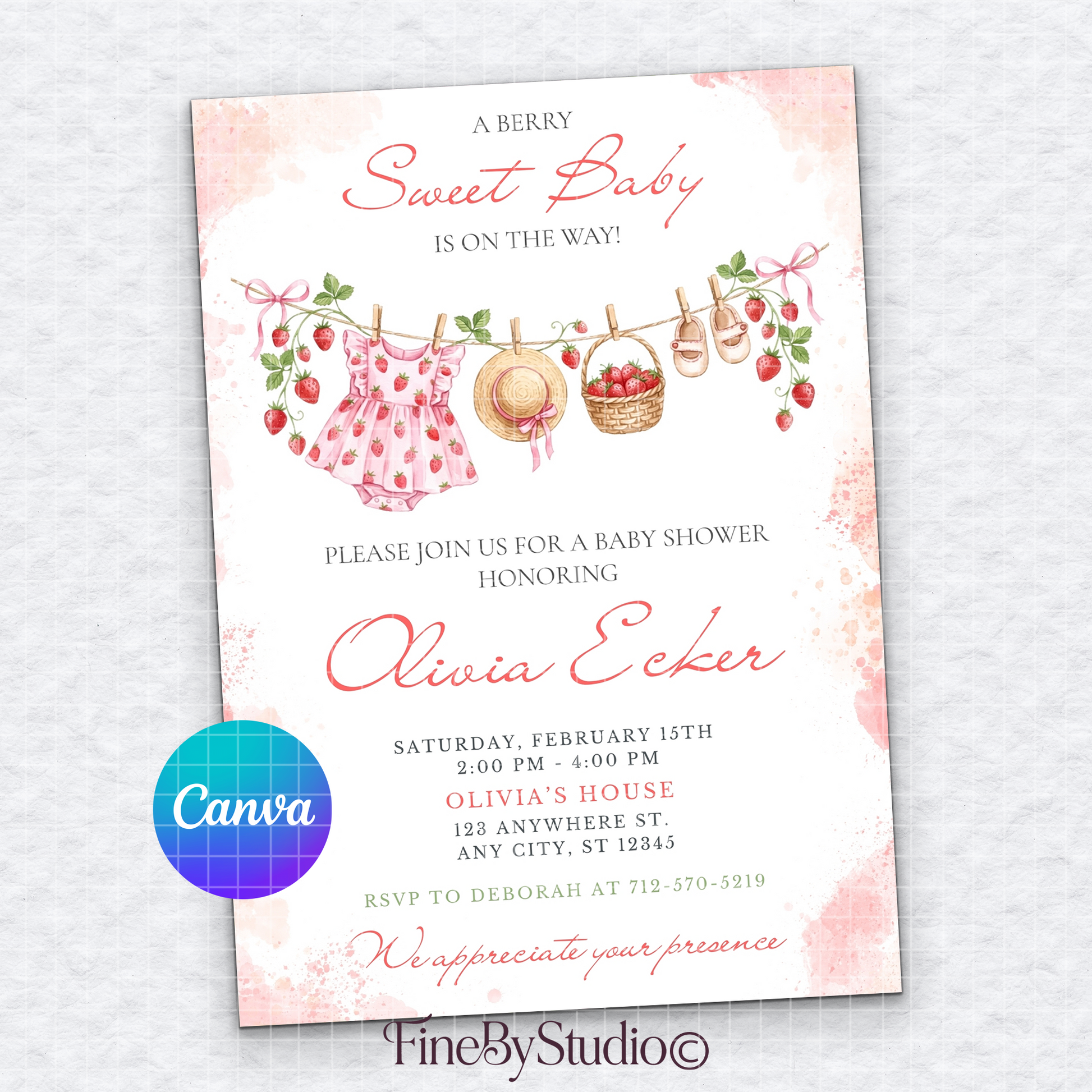 Editable "A Berry Sweet Baby is on the way" baby shower invitation template for a girl, featuring a pink watercolor background and a baby clothesline with strawberries.