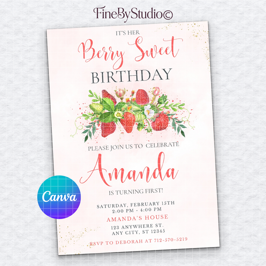 Pink Berry Sweet first birthday invitation template with watercolor strawberries, editable in Canva.