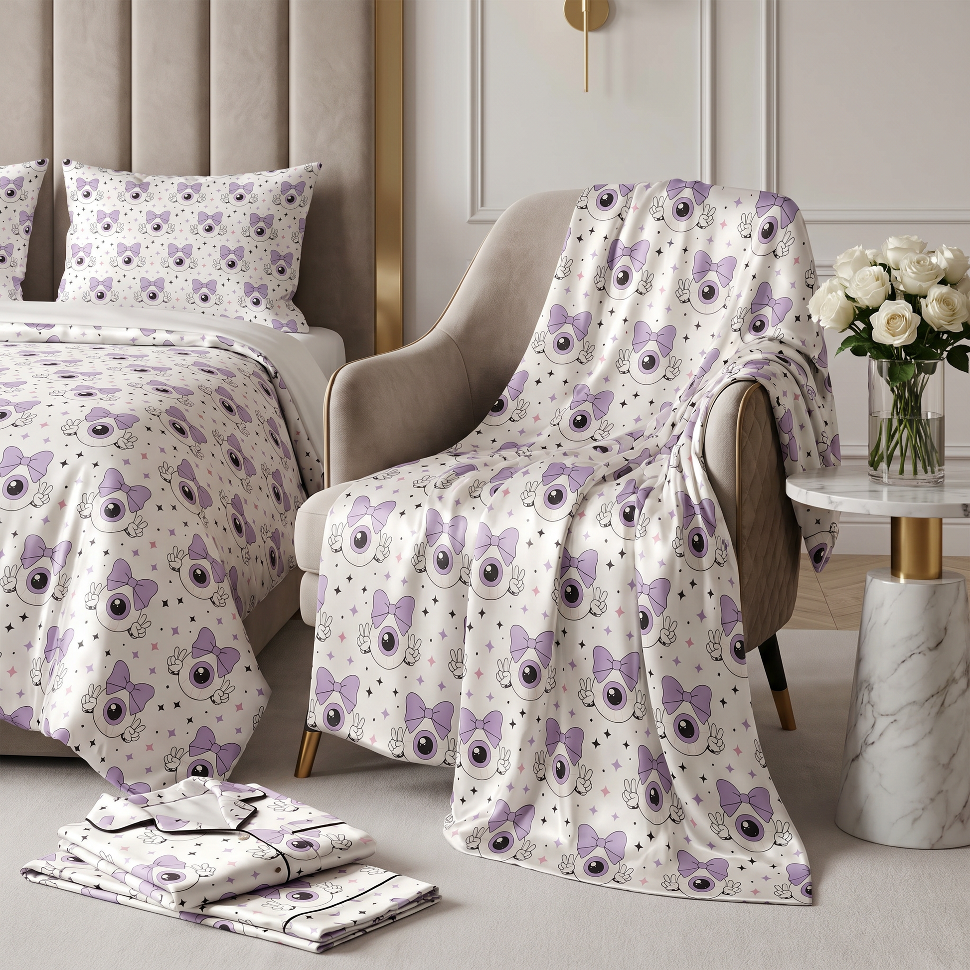 Seamless pattern featuring a cute cartoon eyeball with a pastel purple bow making peace signs, surrounded by stars on a white background. Pastel goth aesthetic.