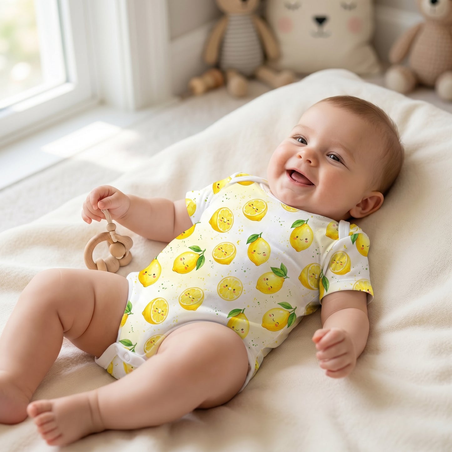 Mockup of a happy baby wearing a onesie bodysuit showcasing a fresh and cute kawaii lemon summer pattern.