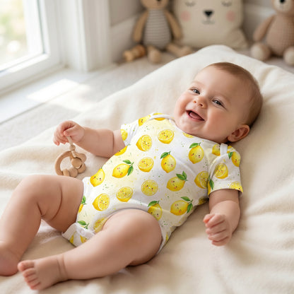 Mockup of a happy baby wearing a onesie bodysuit showcasing a fresh and cute kawaii lemon summer pattern.