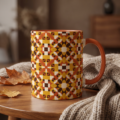 Terracotta and gold geometric Art Deco pattern on decorative ceramic mug