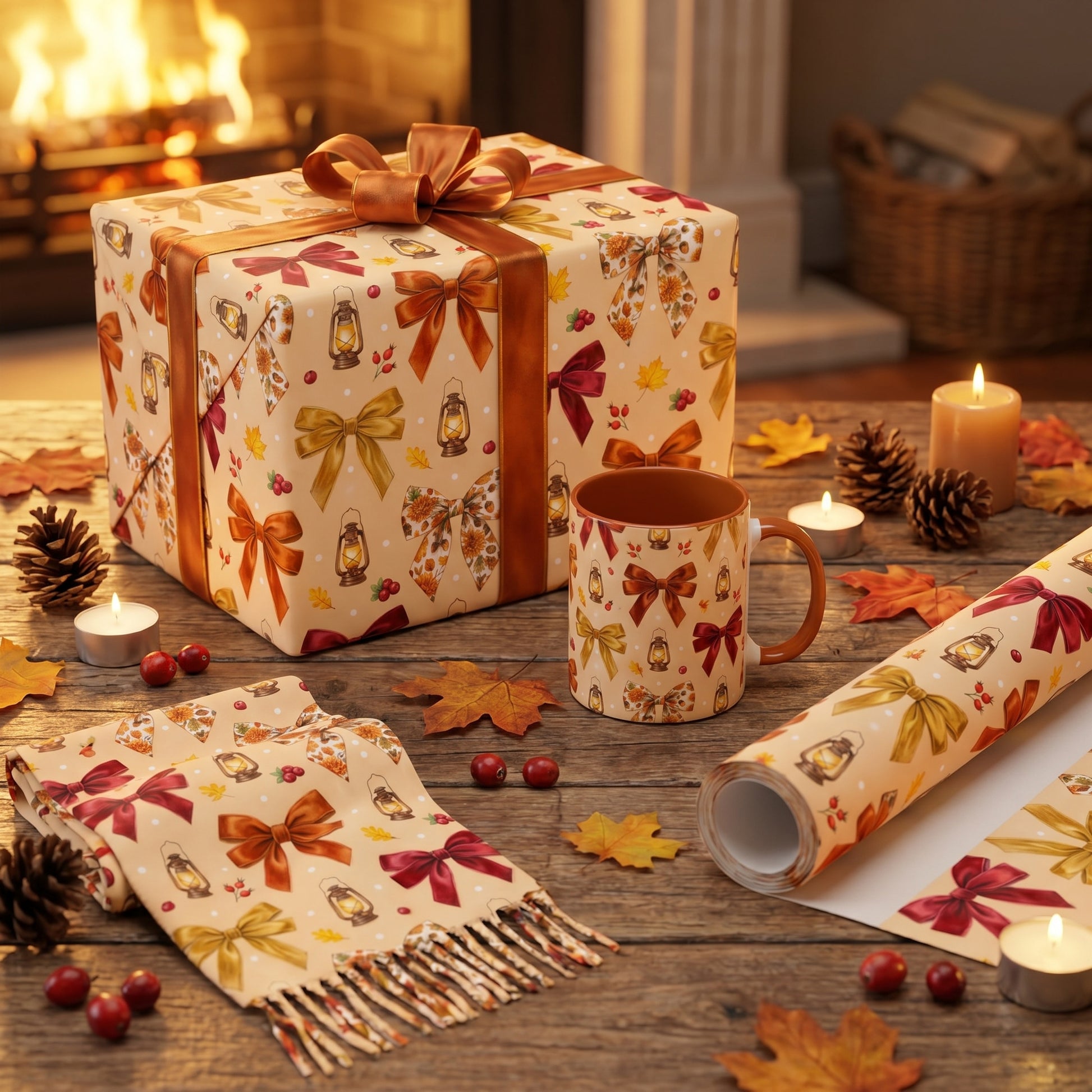 Rustic Thanksgiving background design featured on a coffee mug and gift wrap near a cozy glowing fireplace.