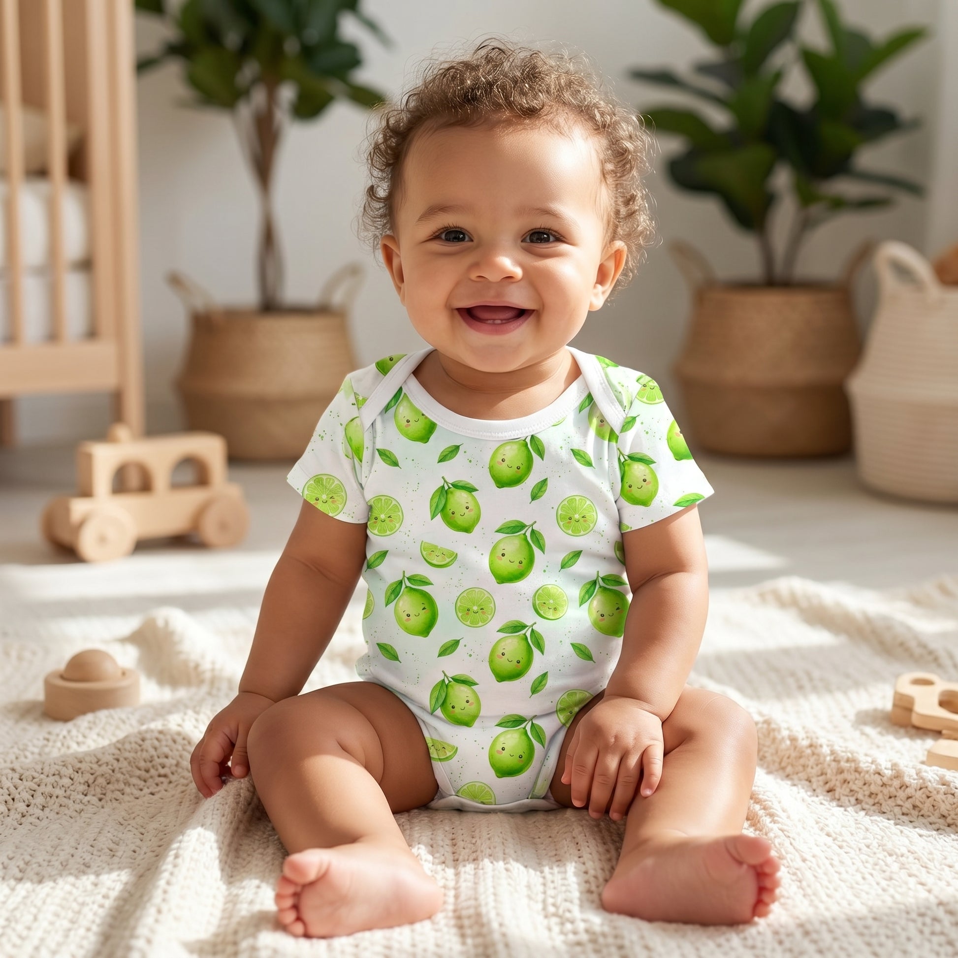 Mockup of a smiling baby wearing a onesie bodysuit printed with a fresh and cute kawaii lime summer pattern.