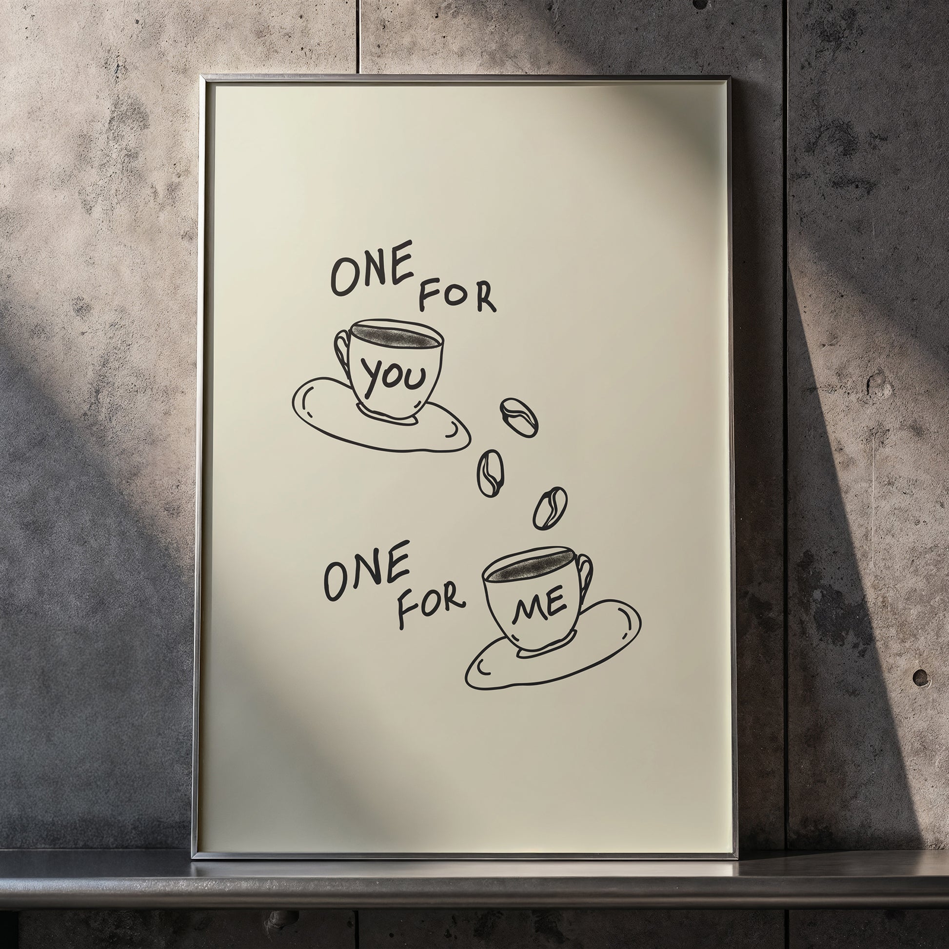 Aesthetic coffee bar decor idea, framed hand drawn coffee art print in a modern neutral kitchen setting