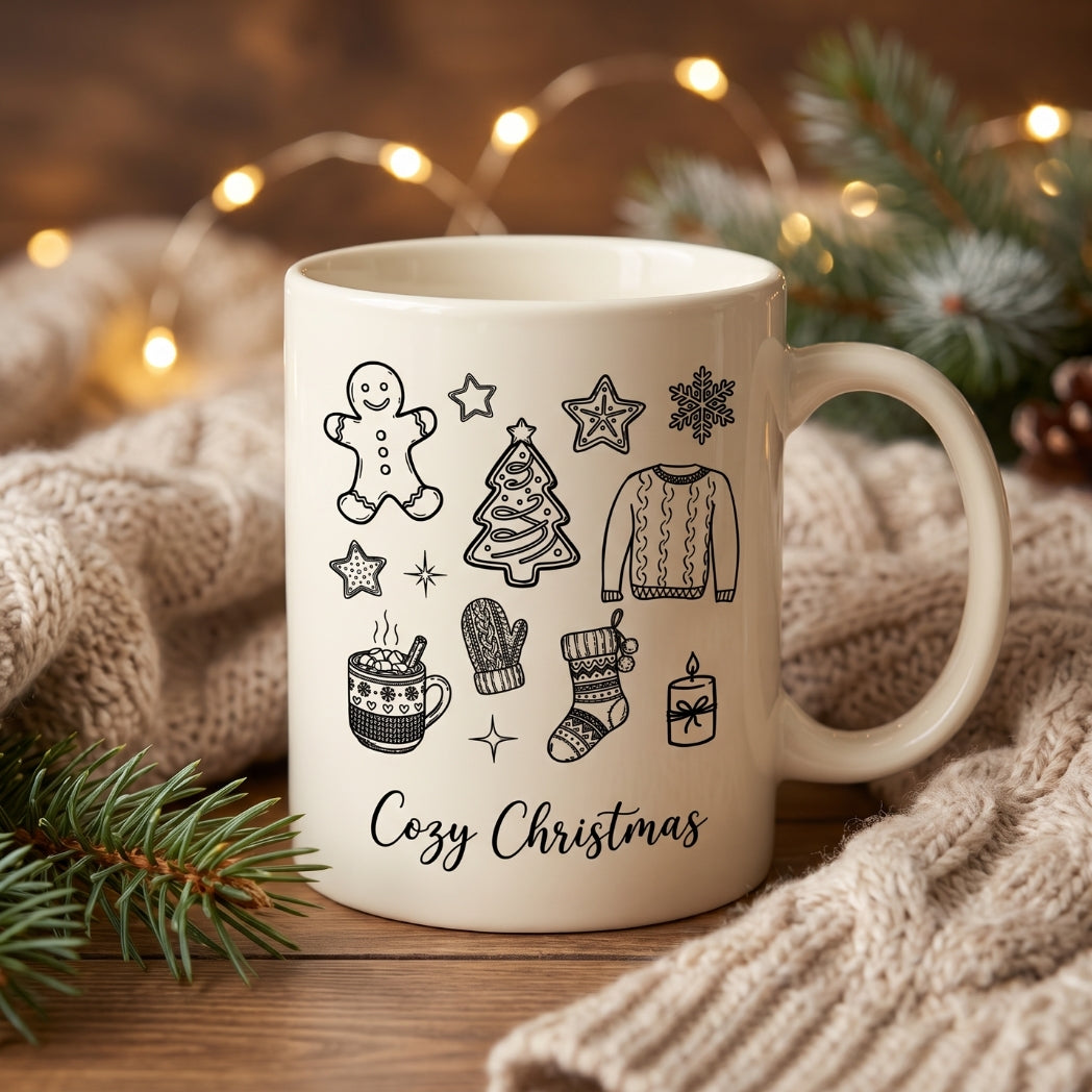 White cozy coffee mug decorated with winter line art graphics on a festive background.