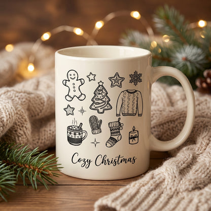 White cozy coffee mug decorated with winter line art graphics on a festive background.