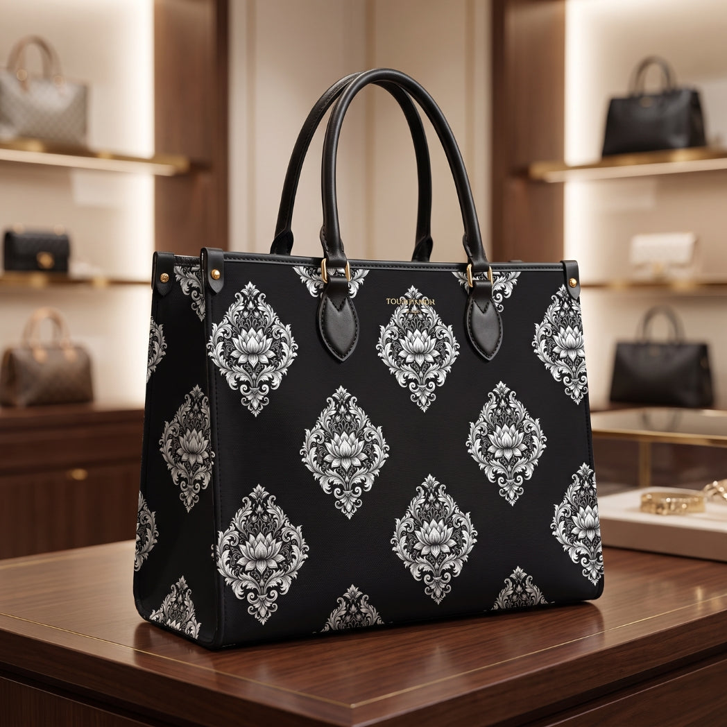 Black tote bag with white elegant damask ornamental pattern mockup.