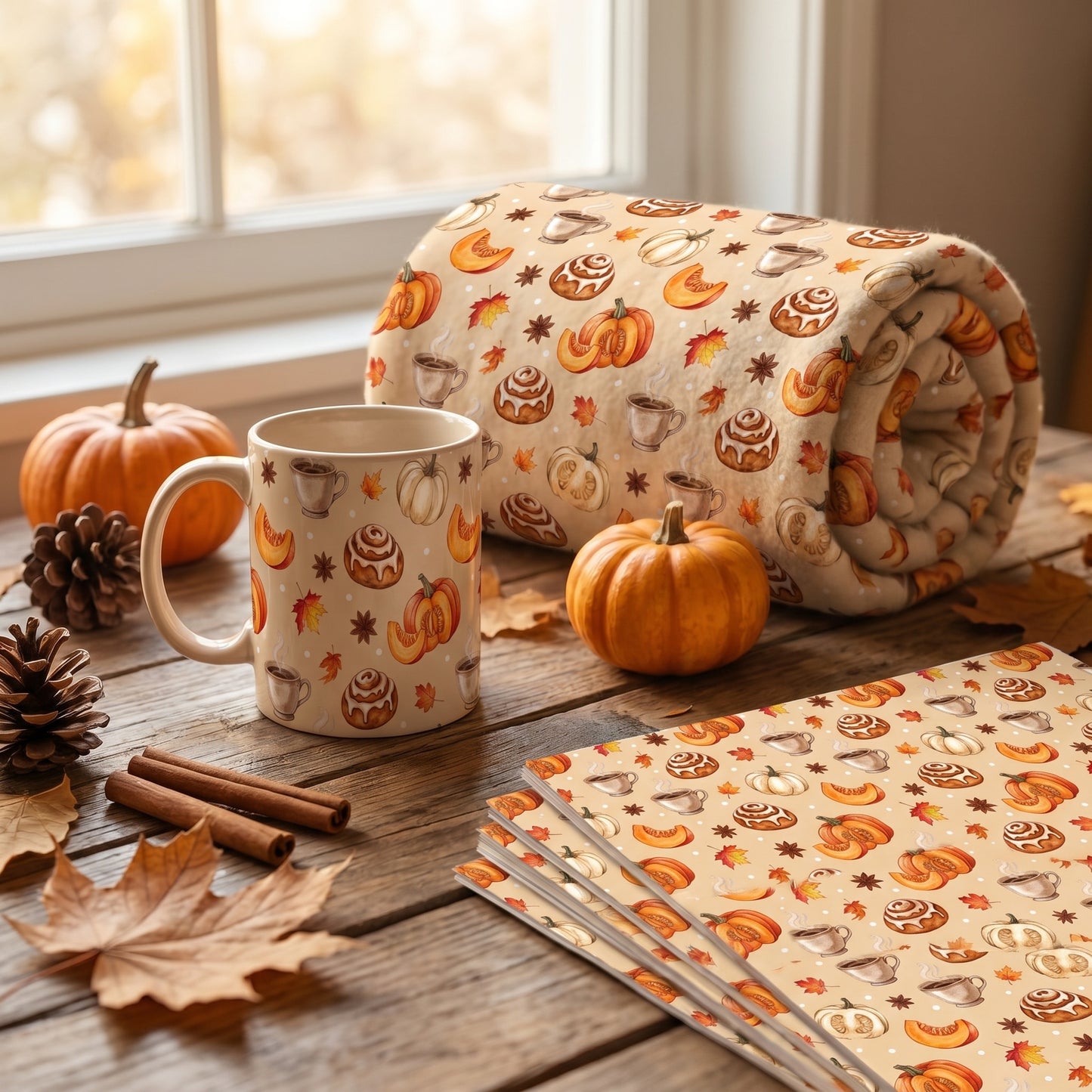Cozy fall cafe seamless pattern design featuring pumpkin spice latte cups, cinnamon rolls, and autumn leaves on a warm light background.