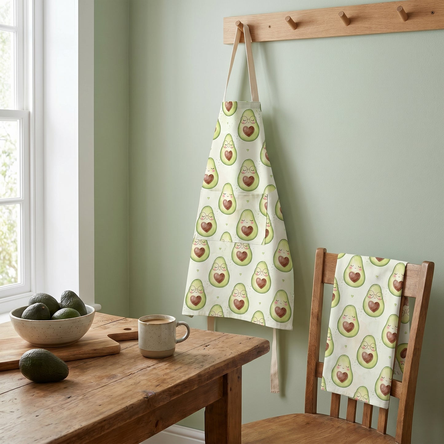 Kitchen corner mockup showing an apron and chair cushion featuring a cute avocado fabric design.