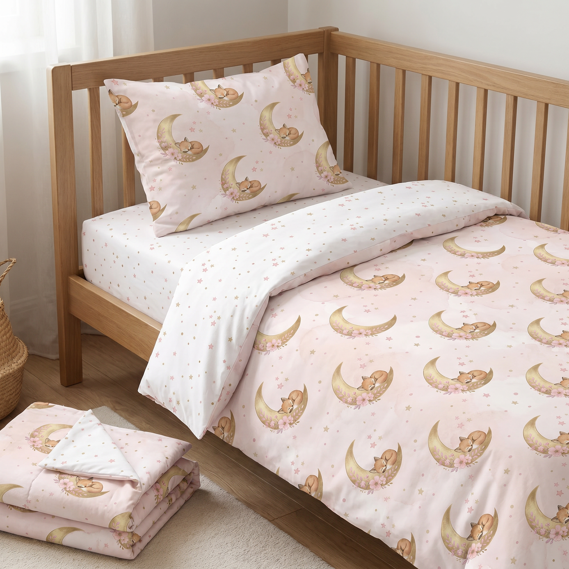 Baby nursery bedding featuring a cute watercolor sleeping fox and moon pattern.