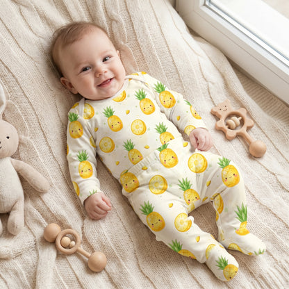 Adorable baby wearing a sleepsuit romper printed with a cheerful kawaii pineapple design.