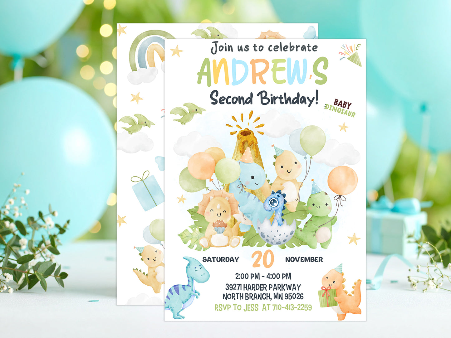 Cute Watercolor Dinosaur Birthday Invitation Template | Editable Canva Dino Party Invite | Boy 1st 2nd 3rd Birthday | Digital & Print
