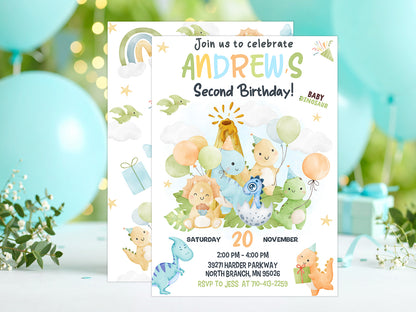 Cute Watercolor Dinosaur Birthday Invitation Template | Editable Canva Dino Party Invite | Boy 1st 2nd 3rd Birthday | Digital & Print