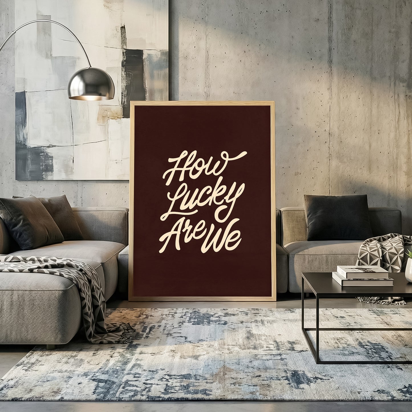 Moody dark neutral digital download print leaning against a wall in a modern aesthetic living room