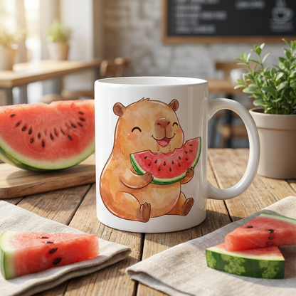 White coffee mug featuring a printed design of a cute watercolor capybara eating watermelon.