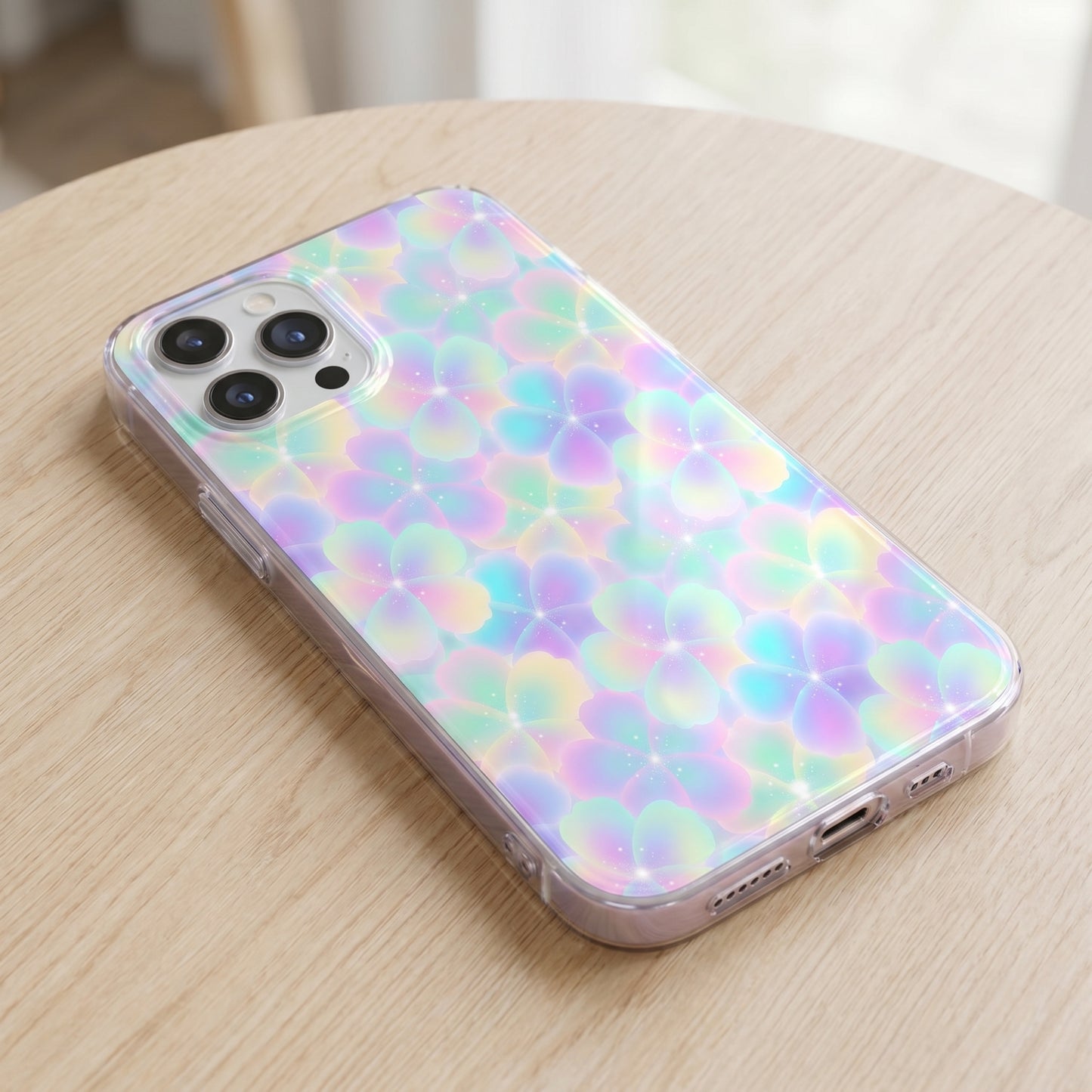Mockup of a smartphone case showing a glowing pastel holographic floral pattern.