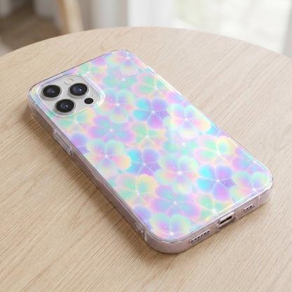 Mockup of a smartphone case showing a glowing pastel holographic floral pattern.
