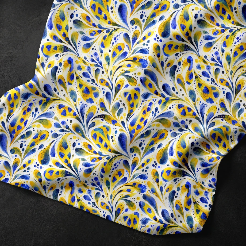 Azure and gold one-of-a-kind watercolor botanical pattern with expressive blue and yellow leaves on a white background