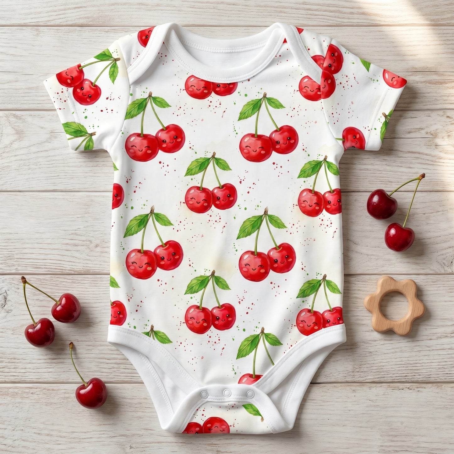Flat lay mockup of a baby bodysuit showcasing a sweet kawaii cherry summer print.
